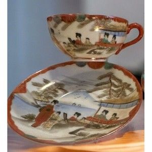 2 VTG EGGSHELL PORCELAIN TASHIRO tea Cup Kutani Ware SAUCER JAPAN Hand Painted